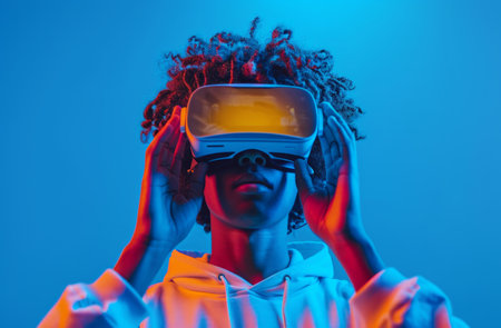 a man holding vr game controller.の素材