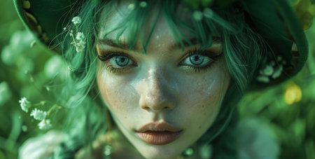 a woman wearing a green hat and shamrock wig is holding a lint.の素材