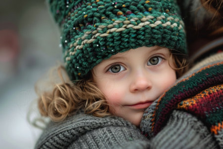 woman hugging child wearing a green hat.の素材