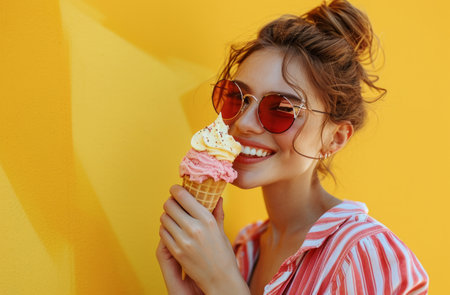 a young woman wearing sunglasses eating a cone of ice cream.の素材