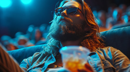 young man with long hair and beard with sunglasses and glasses watching movie in cinema.の素材