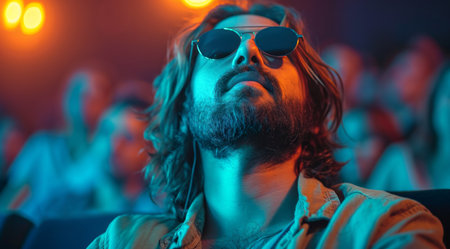 young man with long hair and beard with sunglasses and glasses watching movie in cinema.の素材