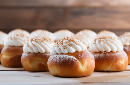 a bunch of easter buns with frosting on a wooden table, white and beige.の素材