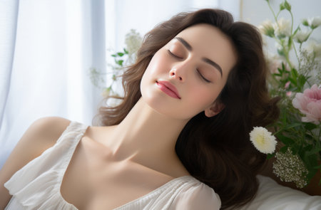 a beautiful lady is laying on a white bed making a snooze noise.の素材