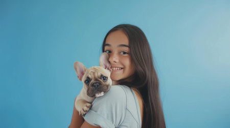 A beautiful dark-haired girl holds a French bulldog puppy in her arms. Behind is a blue minimalistic background.の素材