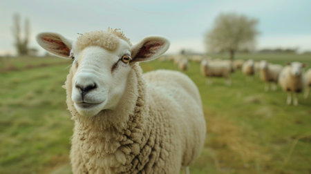 Sheep Grazing in Lush Olympic Meadow. Close-up Portrait.の素材