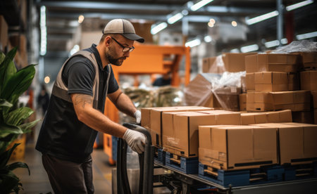 a man is pushing a cart that contains various boxes.の素材