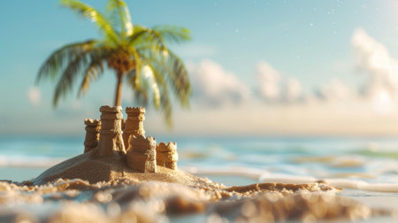 A simple sand castle on the ocean. A palm tree is visible behind.の素材