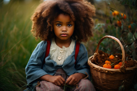 a little girl sitting in grass with basket.の素材