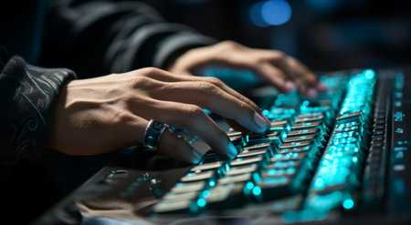 a robot hand is using a robot's hand at the keyboard of a computer.の素材