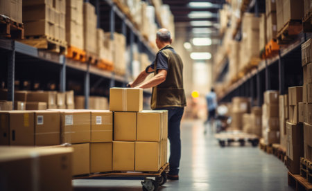 a man pulls a cart carrying boxes through a warehouse.の素材