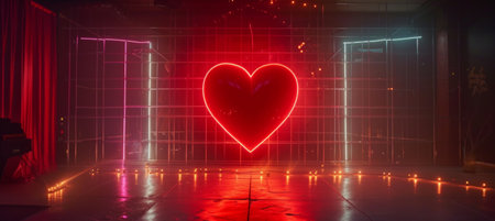 a red heart on a display with lights around it.の素材