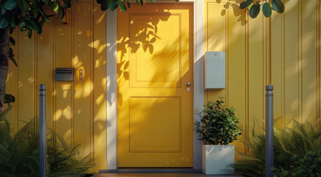 a yellow door with a white box on an entryway.の素材
