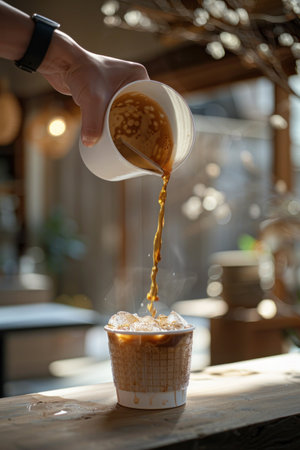 a person pouring into a coffee cup a cup of iced coffee.の素材