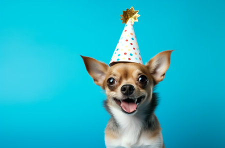 small dog wearing party hat on blue background party.の素材