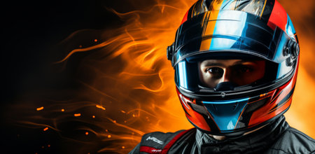 the image of a racing driver with his helmet, dark orange and light blue.の素材