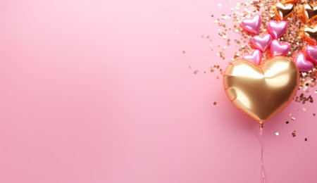 valentines day balloon with gold and pink foil on pink background.の素材