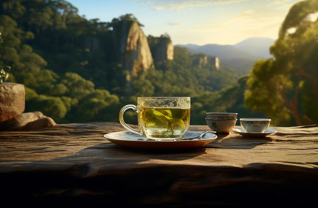tea on a table with mountain in background.の素材