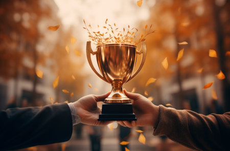 two people holding a prize trophy up in the air,.の素材