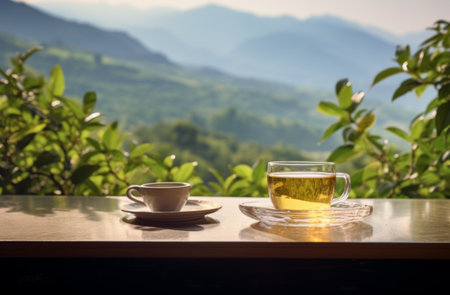 tea on a table with mountain in background.の素材