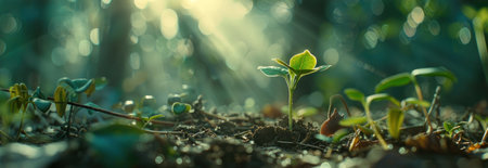 Green seedlings and plants sprouting in a forest, bathed in sunlightの素材