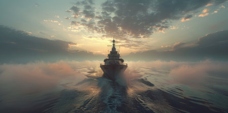 a navy ship is traveling through the sea.の素材