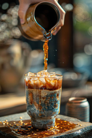 a person pouring into a coffee cup a cup of iced coffee.の素材