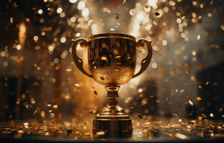 Pop-Inspired Gold Trophy Amidst Starry Confetti: Black and White Elegance.の素材