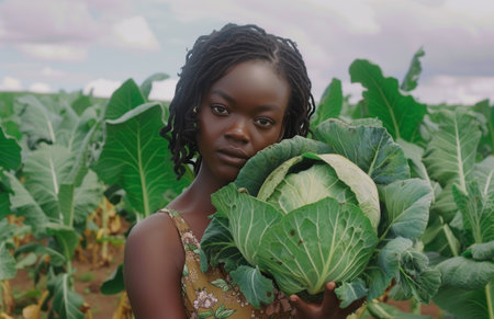 african american woman holding cabbage in field of field.の素材