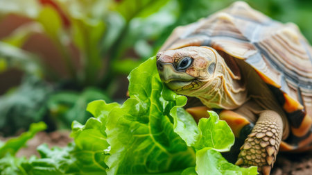 A land turtle eats a lettuce leaf, large copyspace area, offcenter composition.の素材