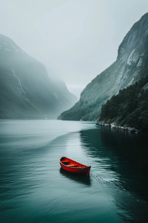 A lonely boat floats on the sea in the fjords of Norway.の素材