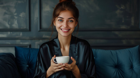 A young beautiful woman in a black silk robe sits on a dark blue sofa. She has a cup of coffee in her hands.の素材