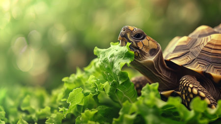 A land turtle eats a lettuce leaf, large copyspace area, offcenter composition.の素材
