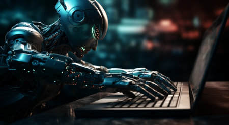 a robot reaching out to a laptop computer.の素材
