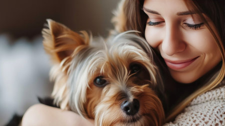 A young beautiful woman gently hugs her Yorkshire terrier dog.の素材