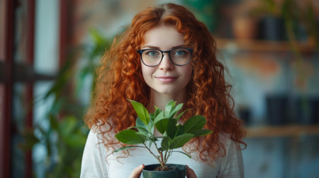 A beautiful young girl in glasses with red curly hair holds a pot of ficus in her hands.の素材