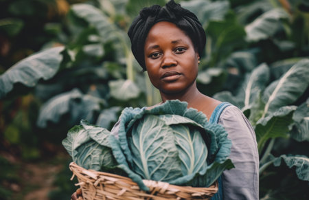 a black woman holding a basket full of cabbage.の素材