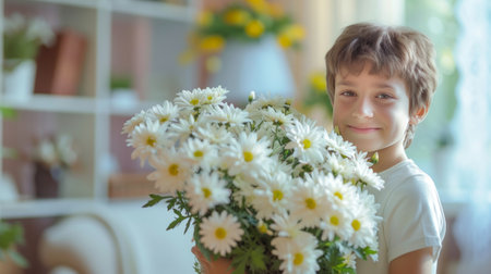 A 10-year-old boy holds in his hands a bouquet of chrysanthemums that he brought for his mother.の素材