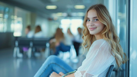 A beautiful young girl sits in line near the doctor's office and looks into the camera, smiling.の素材