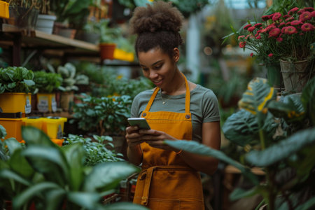woman in aprons standing in a garden store checking out plants on her phone.の素材