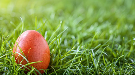 A bright, cheerful Easter egg nestled in a bed of fresh green grass,.の素材