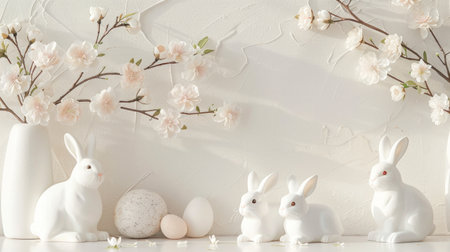 A clean, white backdrop adorned with a few whimsical Easter bunnies.の素材