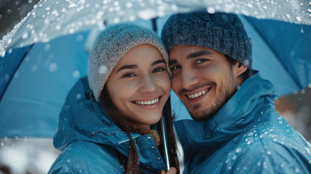A beautiful young couple in blue raincoats stands under a large blue umbrella..の素材