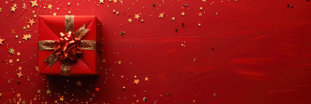 A beautiful small red box with a golden bow lies on the left on a red minimalistic background.の素材
