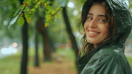 a beautiful young woman in a green raincoat looks out from behind a tree in the park.の素材