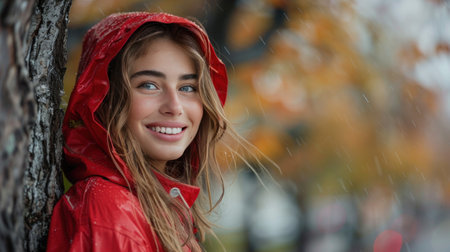 a beautiful young woman in a red raincoat looks out from behind a tree in the park.の素材