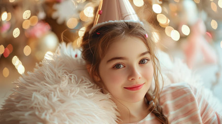 A beautifully bright photo of a girl in a birthday cap sitting in a white fluffy cross and smiling at the camera.の素材