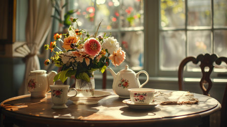A cozy kitchen table set with flowers and tea.の素材