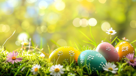 A joyful Easter scene with a few colorful eggs and a central area for your Easter wishes.の素材