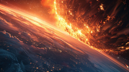 A large burning meteorite flies towards planet Earth.の素材